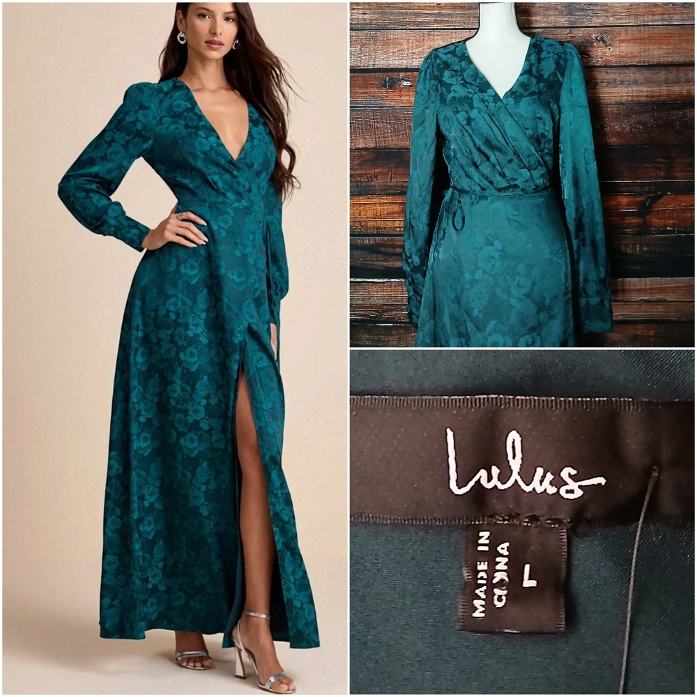NWT Lulus Dress L Maryn Teal Green Satin Jacquard Maxi Wrap Lined
